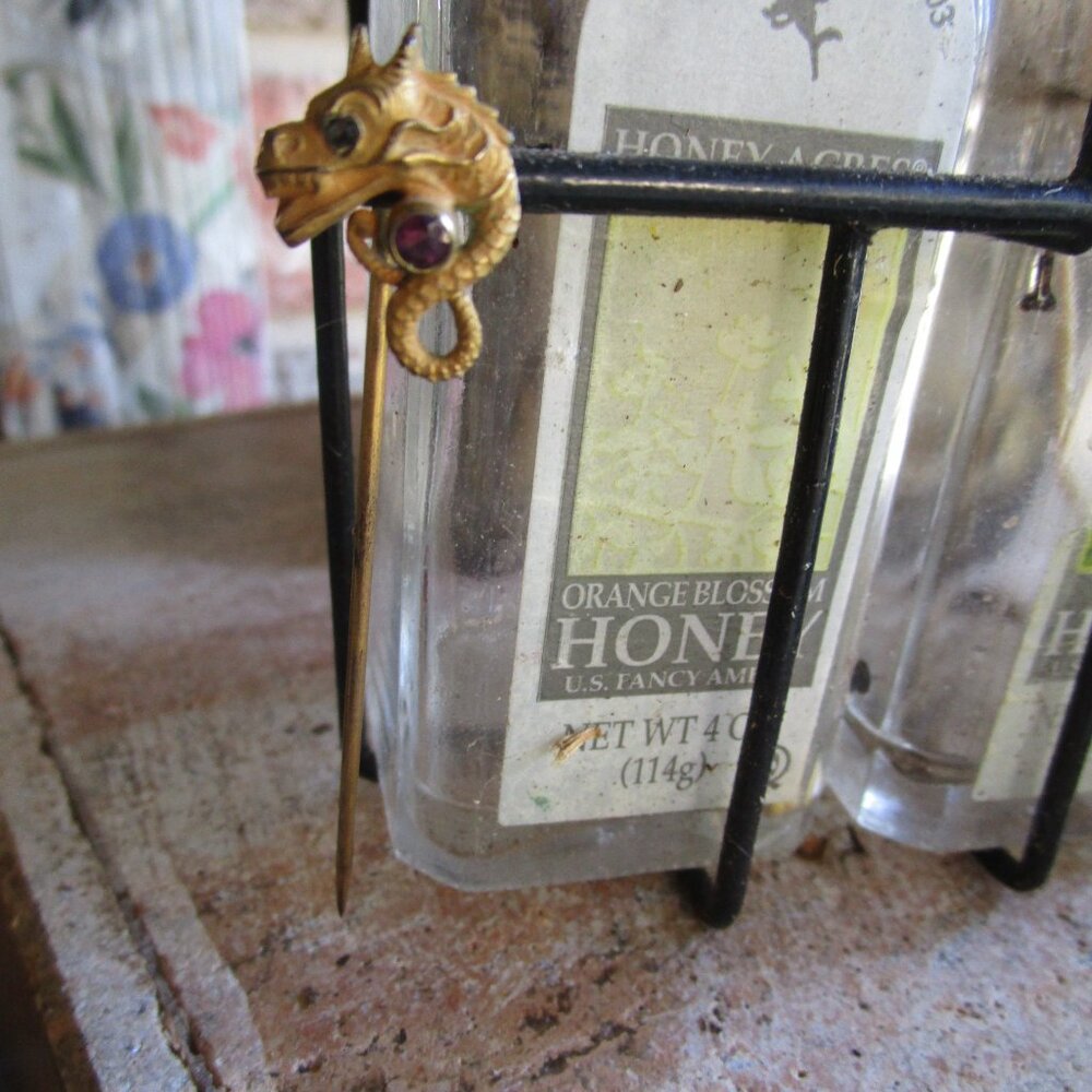 Antique Art Nouveau Brass Amethyst Dragon Stick Pin